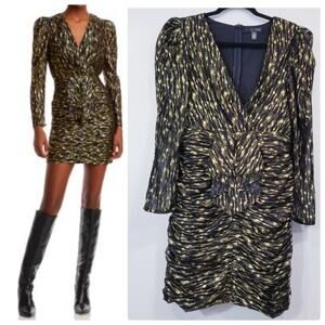Aqua Black & Gold Metallic Jacquard Mini Dress Puff Sleeves V-Neck Long Sleeves
